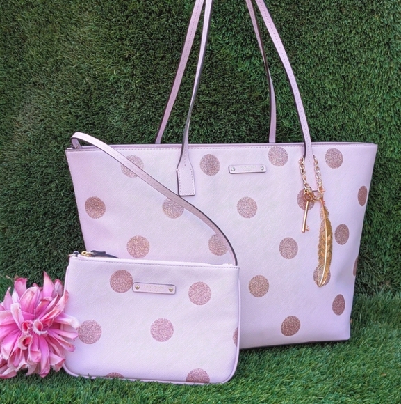 Kate Spade Pink and Gold Polka Dot Tote and Clutch - Picture 1 of 12